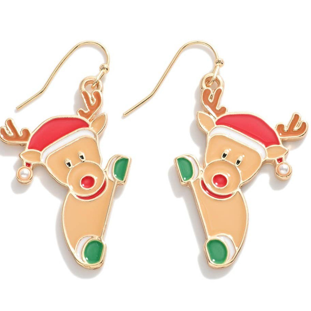 Rudolph Reindeer Enamel Drop Dangle Earrings